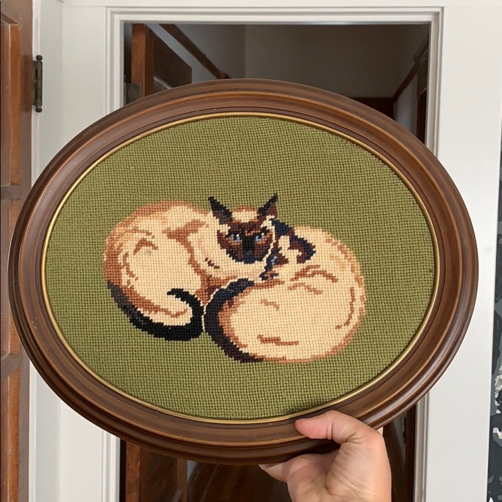 Vintage embroidered cat wall art